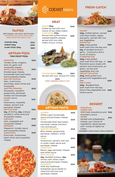 Dinner Menu in Vallarta Hotel Rio Malecon Vallarta